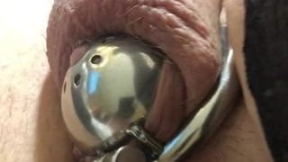 Handsfree cum while in chastity, fucking myself with a dildo