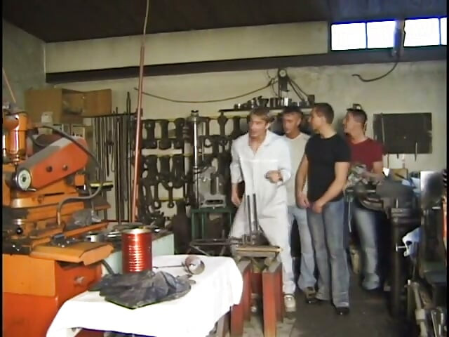 Brunette gang banged in mechanic shop