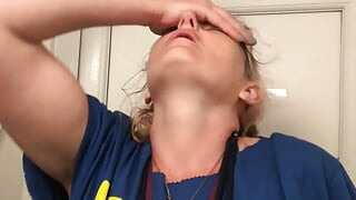 Tits, pits, bits and bum play in public toilets leads to amazing smelling asshole fingers