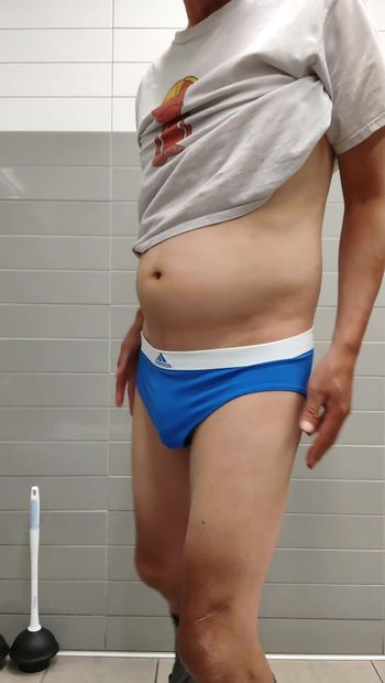 Posing in my new blue sport panties.  I enjoy the feel of panties and my master has commanded I wear panties now