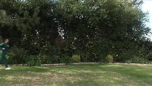 Small titted beauty rides guy's cock outdoors