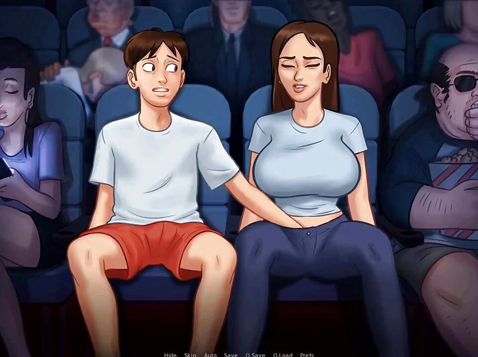 Summertime saga: stepbrother fingers his stepsister in the cinema