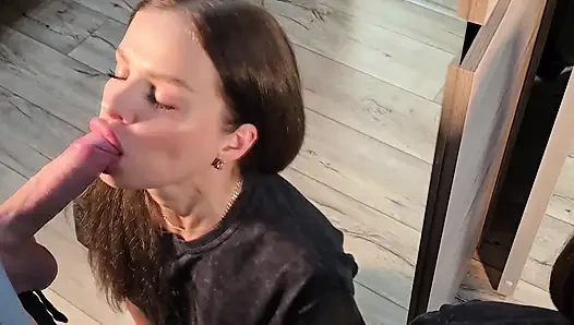 Deep blowjob in front of the mirror.