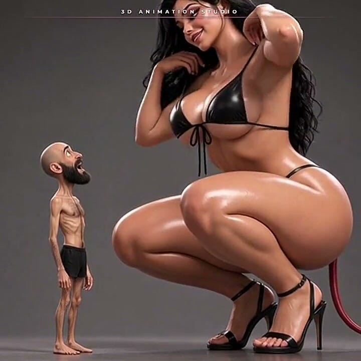 Giant She-devil Strips Topless for Her Tiny Bearded Man - He Kisses Her High Heel