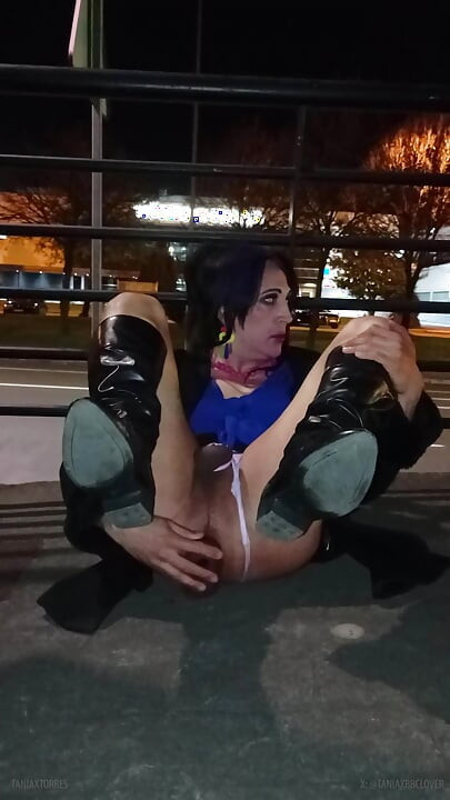 Taniax masturbate in the streets with big black dildo wearing sexy miniskirt