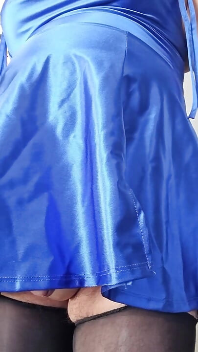 Handsfree Masturbation Until I Ejaculate My Sissy Milk in My Blue Satin Dress and Nylon Lingerie