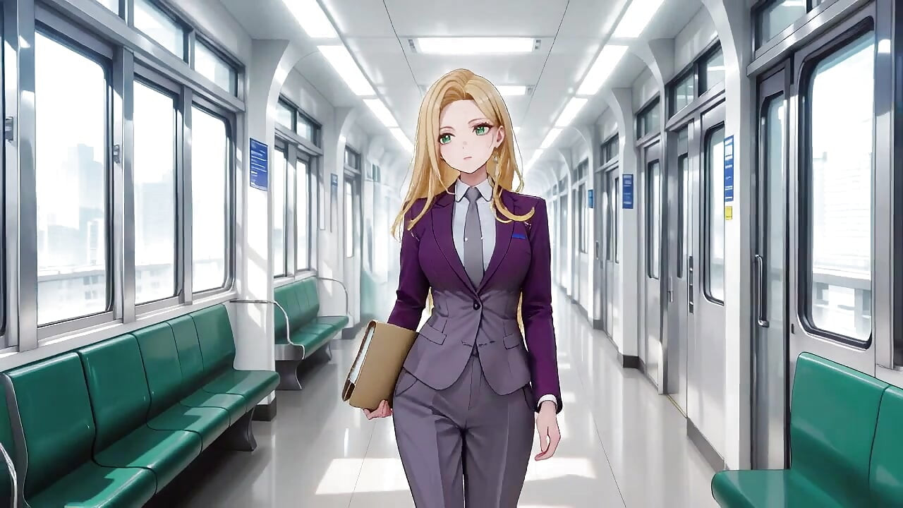Blonde Boss in Purple Suit! Office Train Private Moments. She's Multitasking with Files While Secretly Adjusting Her Skirt...