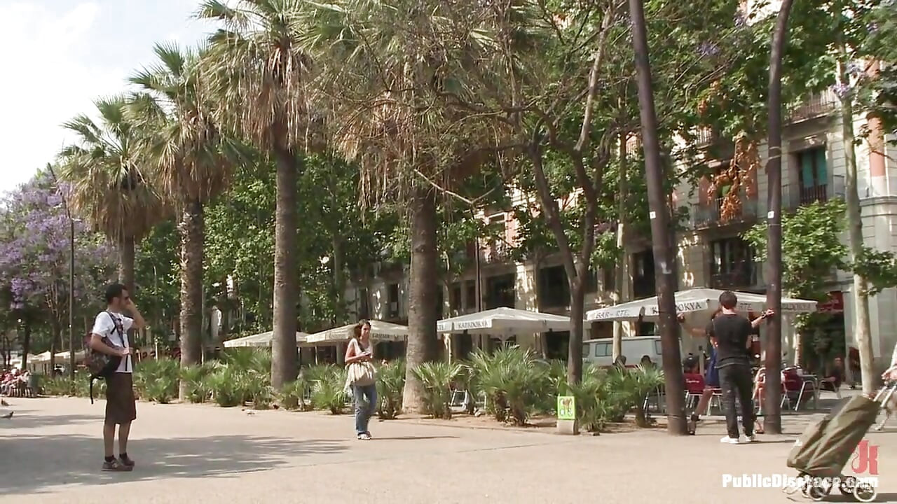 Spanish hottie gets throat fucked on the street  bound in front of a busy cafe!