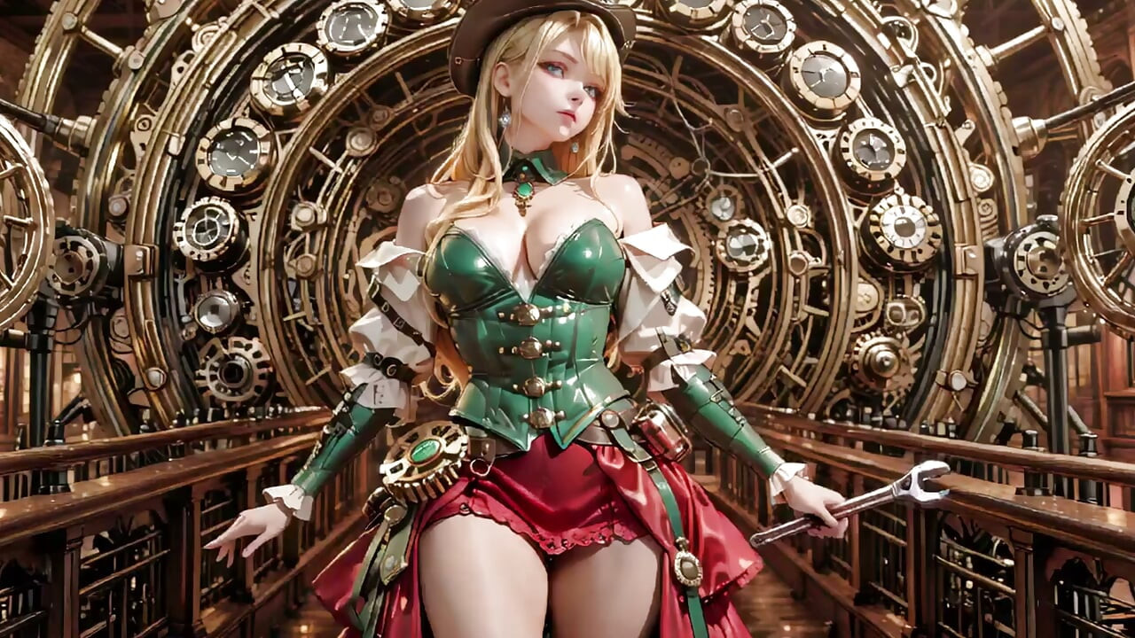 Steampunk Blonde Secretary! Lazy poses amidst giant gears, adjusting goggles with a teasing gaze.