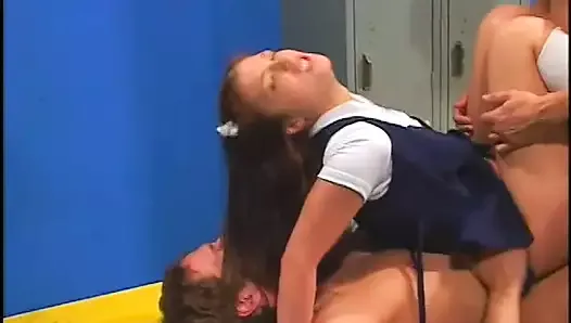 Brown hair student babe gets cum after sweet double penetration in locker room