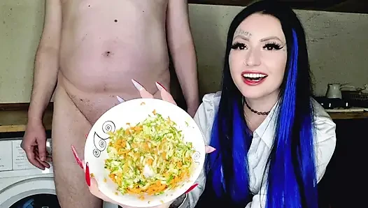 A slave must fuck a salad and cum generously in it. Food fetish, jerk-off instructions, and cum-eating instructions. Bon appetit