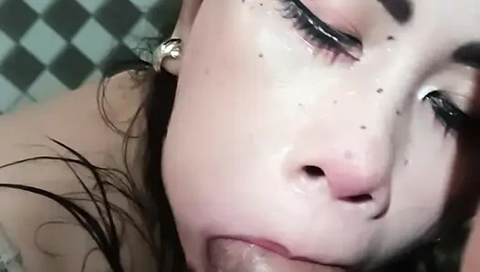 Big Tits MILF Giving Me a Stand up Position that My Cock Straight Ahead into her and Suck it and Cum into Her Mouth!