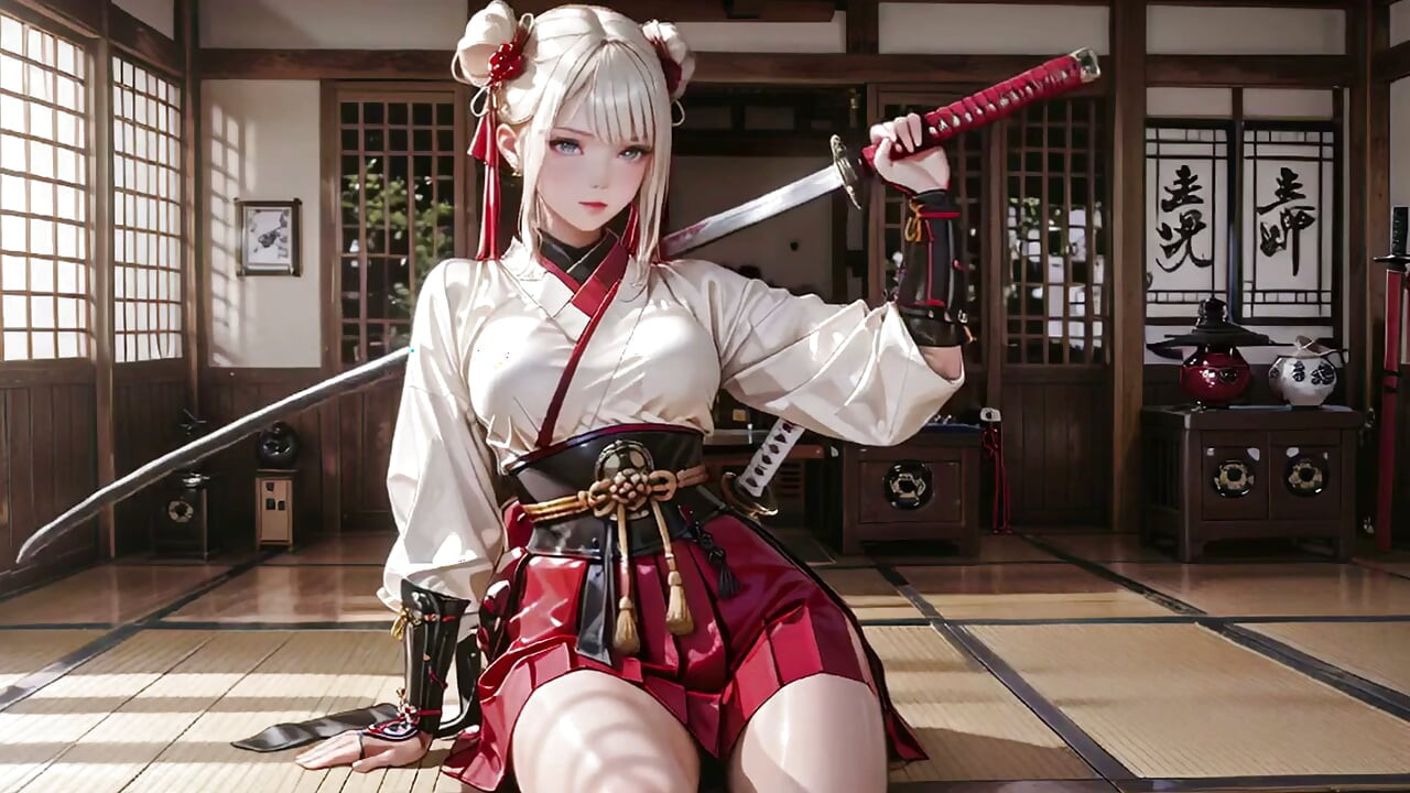 Red & White Kimono Warrior! Kneeling on Tatami with Dual Blades, Silver-Haired Girl's Mesmerizing Gaze.
