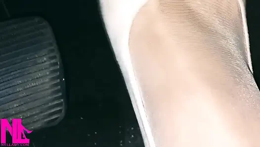 Revving and Crazy Pedal Pumping in White Stockings and White High Peeptoed Heeled Sandals