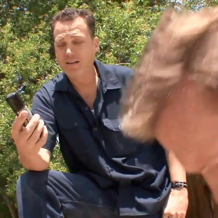 Cuckold looks at his cock slammed