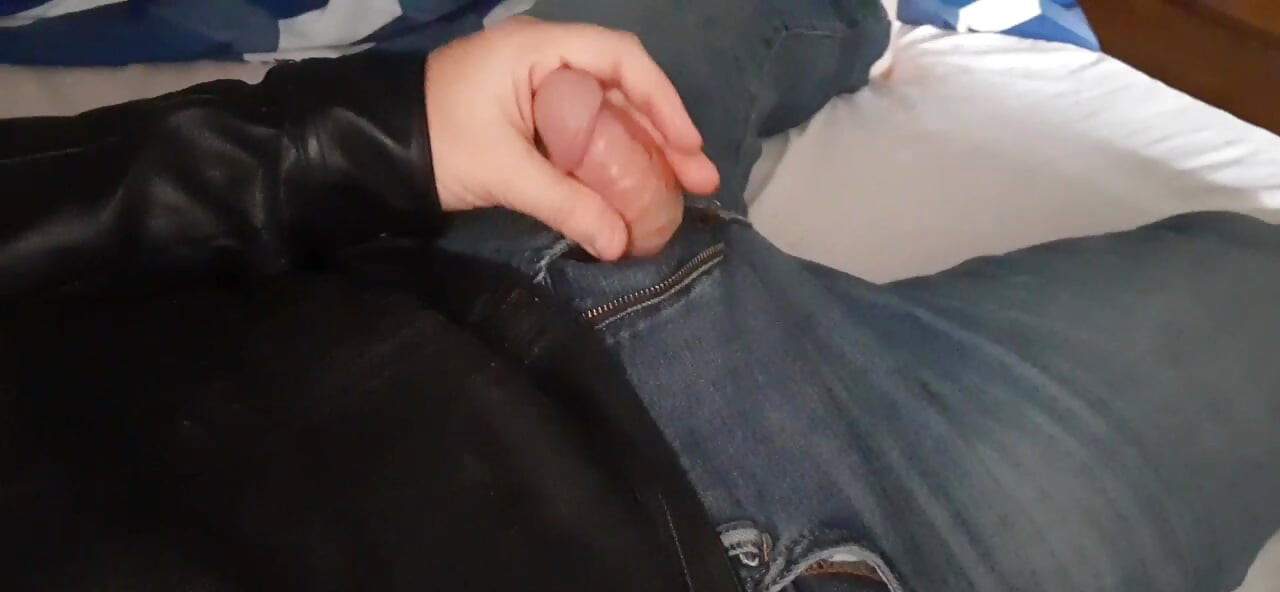 Collared fag cums on leather jacket