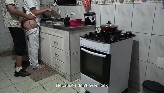 Maid had her ass used while washing dishes.