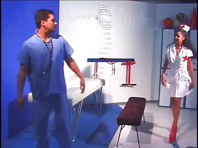Nurse in red heels gets on top of sexy patient stud to suck his tool