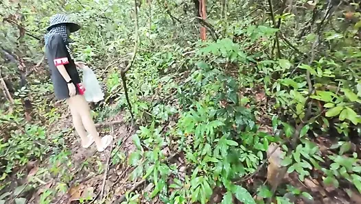 Thai Girl Walking Showing Along the Side of the Field Road in the Countryside Thai Outdoor Public