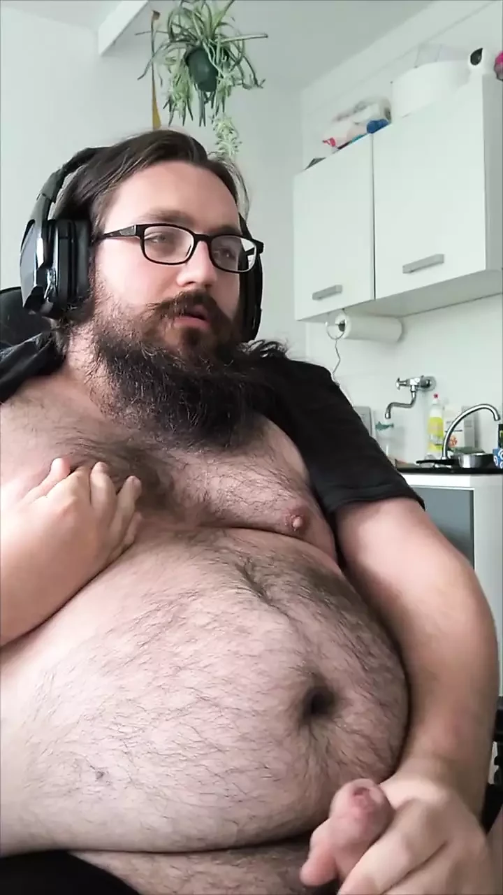 Fat Young Bear jerks off and cums on his belly