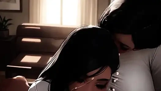 Koreli üvey kız ve üvey anne siyah üvey babasının büyük zenci paylaşıyor