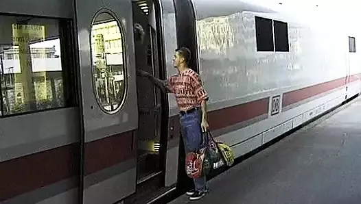 Hot German blonde with amazing round tits gets to please a dude on a train