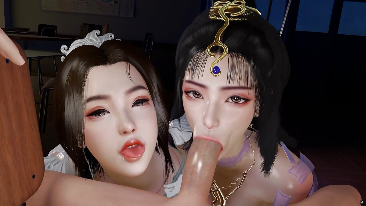 3 boyutlu iki azgın hatun büyük bir yarağı paylaşıyor