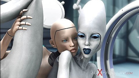 Sexe féminin, une androïde joue avec un extraterrestre dans un laboratoire de science-fiction