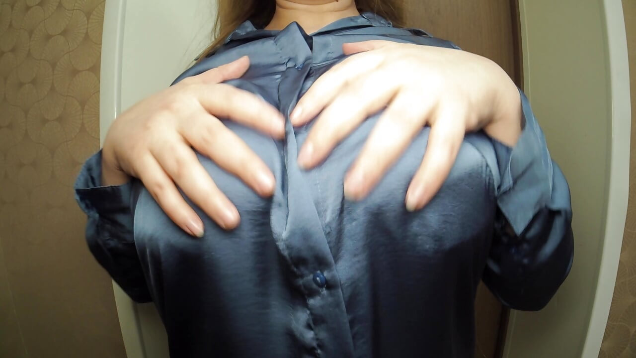 Big Bouncing Boobs in Blue Satin Blouse, Tits Teasing