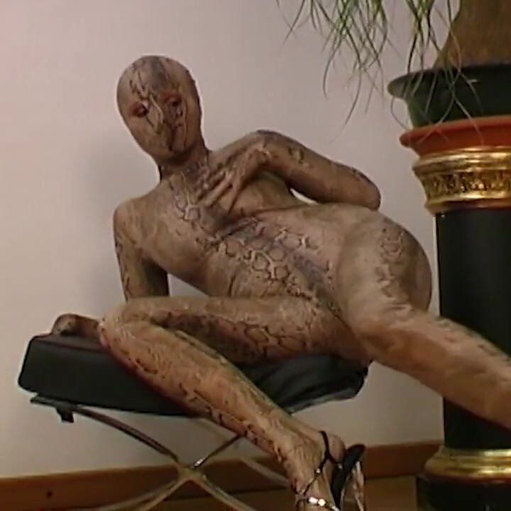 Una ragazza bionda tettona in una tuta di serpente attilcera si spoglia per te