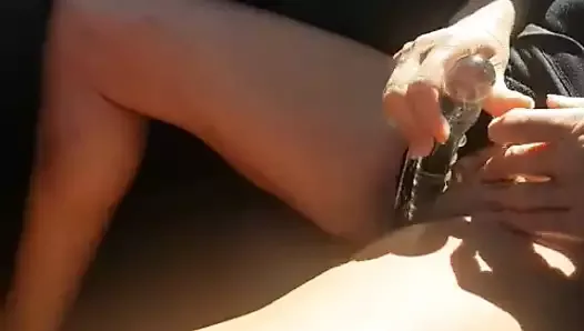 British wife Nicole orgasms in car using a glass dildo