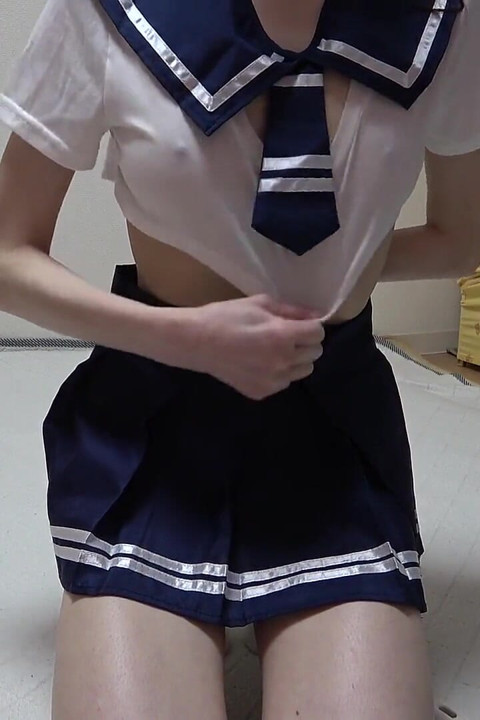 Miniskirt Student Uniform Girl's Room Cleaning, Slender but Natural Tits Japanese Girl Cleaning in No Bra and Thong Panties