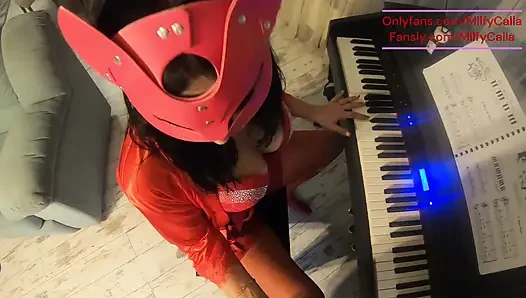 Pelajaran piano menggoda cewek dengan lingerie merah, habis-habisan sampai mulutnya berantakan
