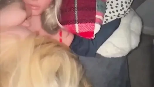 Zelex- blonde chav slag squirts all over in threesome with new plaything!