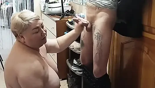 Hot MILF with Big Tits Instead of Tip Jerks off and Sucks My Dick Close up