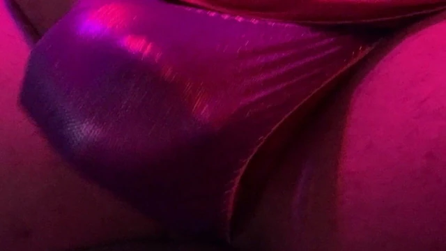 Panty Cum in a Purple Satin Thong