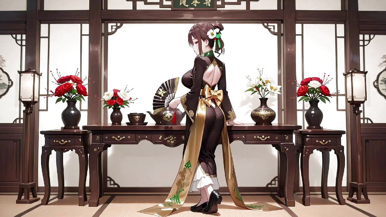 The Black & Gold Qipao Lady Kneels in the Wooden Corridor, Playing with Her Hair Bun, Sunlight Hitting Her Skin