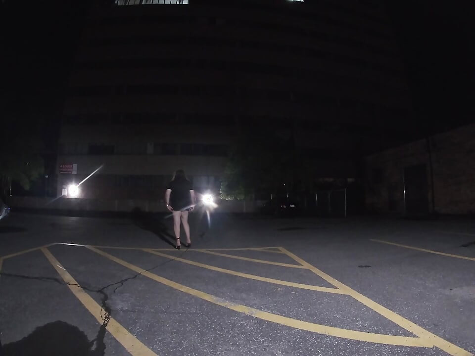Solo feminized Mature CD goes for a walk in a parking lot