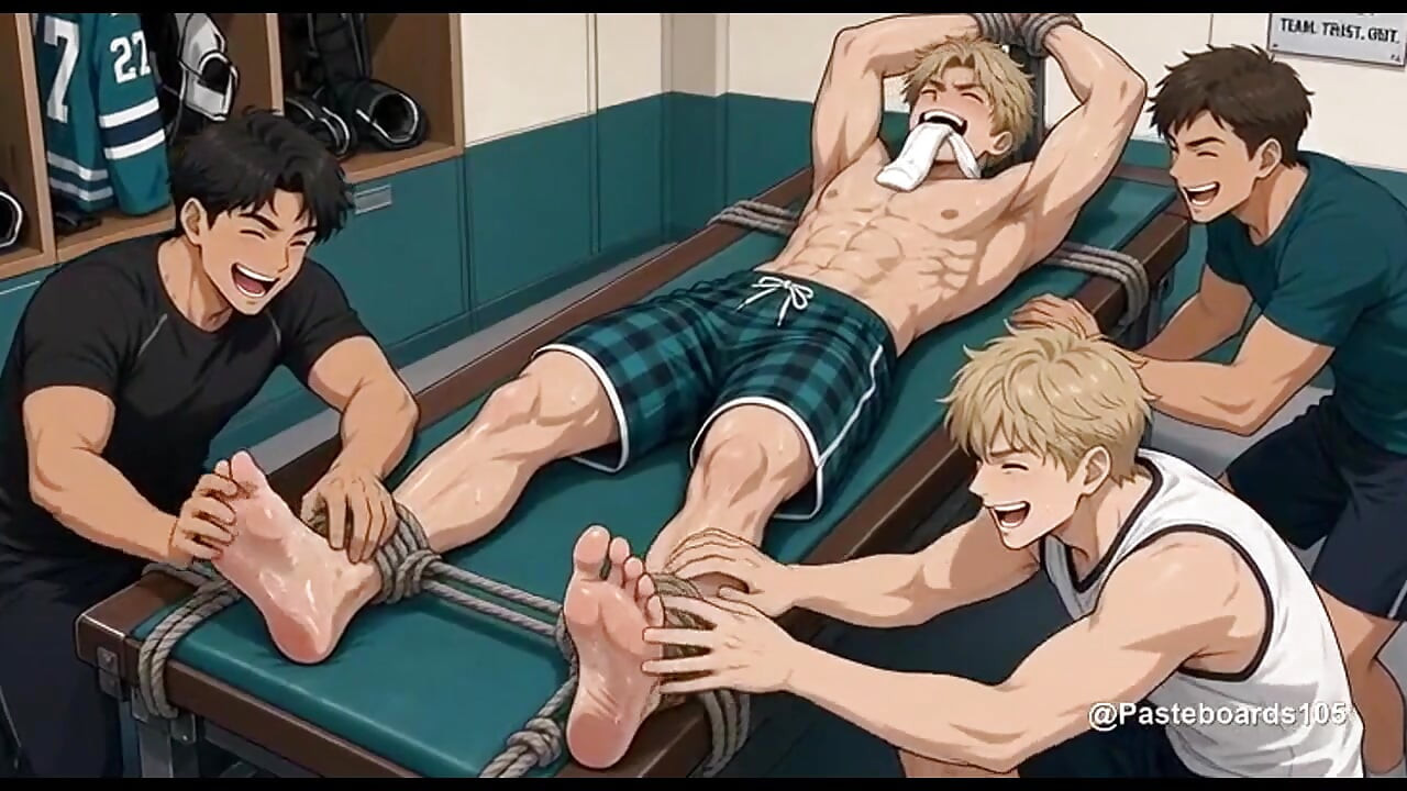 Sock Gagged On The Bench - Bare Hands And Fingers All Over His Roped-Down Soles (2D Anime Bara)