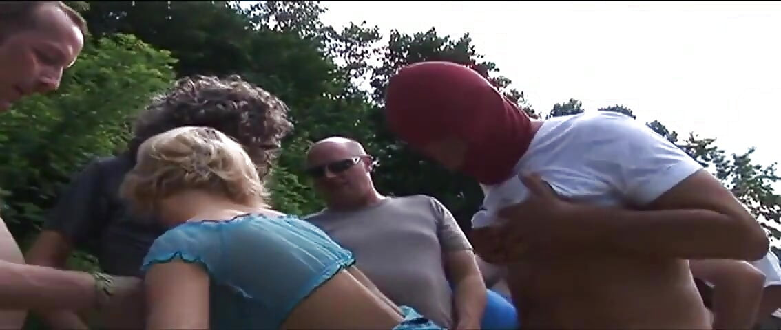 Blonde Babe Stretched Wide in Outdoor Gangbang Orgy