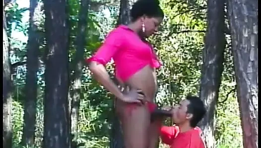 Tall black shemale Vinicius is fond of getting drilled for vegemite by white dude in the wood