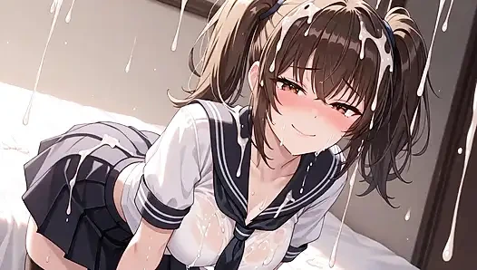 The student girl is cummed all over her face