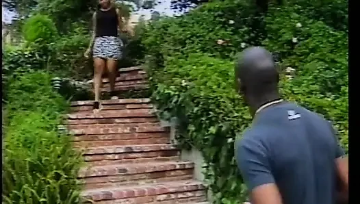 A little ebony pornstar takes off her skirt easily for outdoor sex