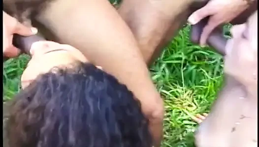 Two horny guys can't resist to join couple of Brazilian hottiies playing on the lawn