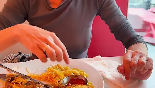Having lunch in a restaurant wearing totaly sheer top exposing my pierced nipples and sexy boobs