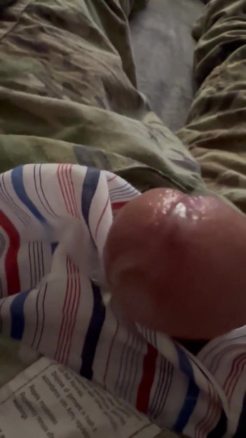 Emotional moment from "Soldier uses vaseline and his cock to have fun wearing his uniform and sarge's boxer shorts!"