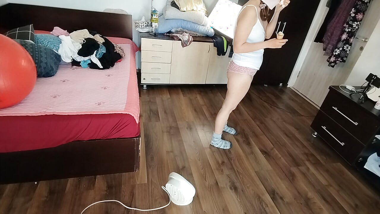 Sexy Brunette Having Fun Trying on Clothes. Sexy Mom Dances Naked Around the House.