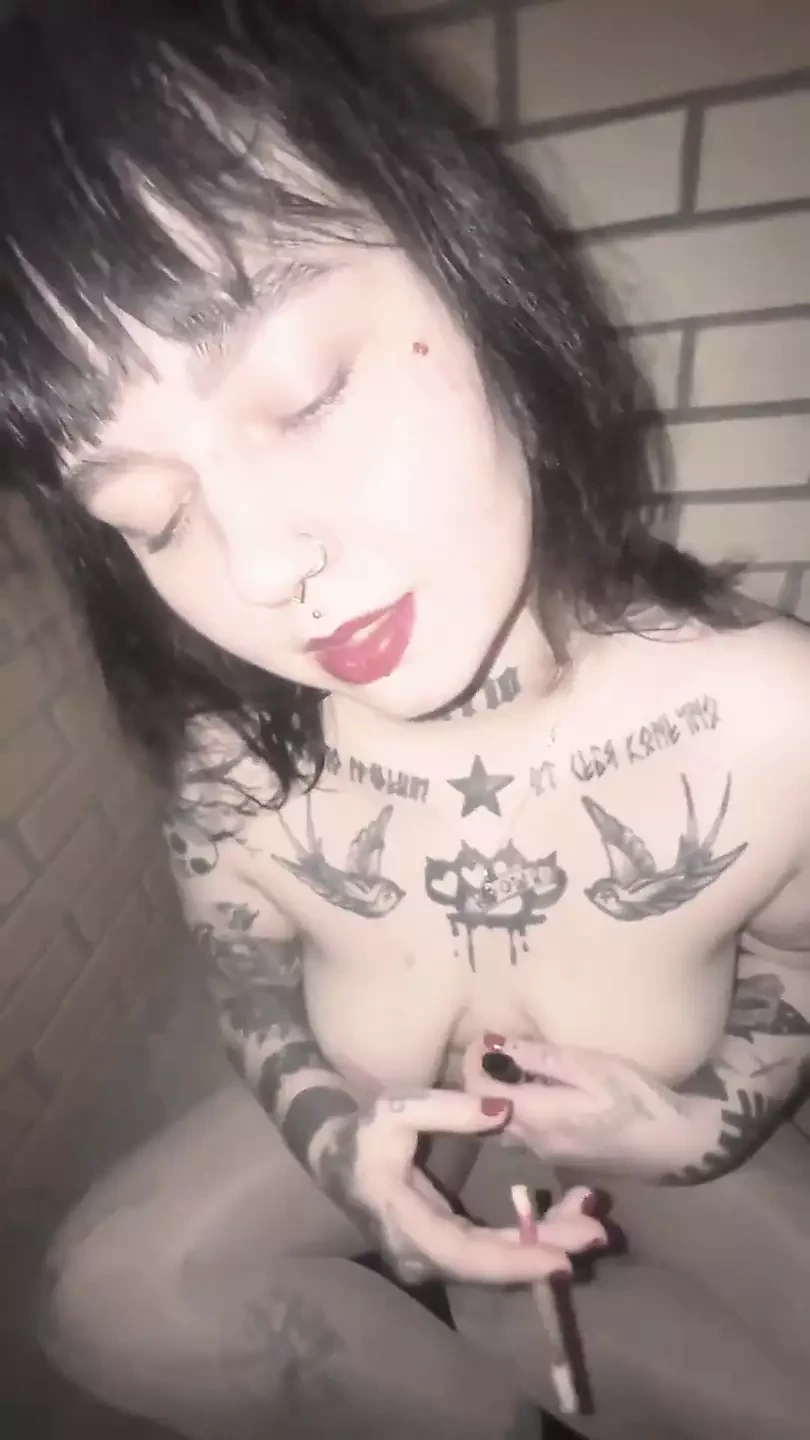 Outdoor Topless Smoking with Redlips and White Nylons