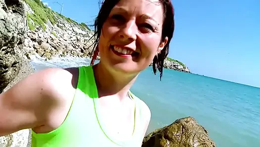 brunett babe taken to the beach to fuck