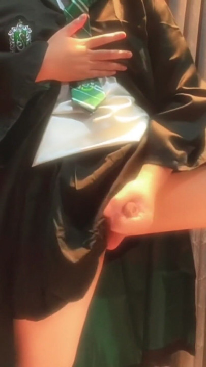 Cute Slytherin's femboy in white panties playing with her wand | Clip 1